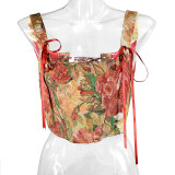 Double Vest Chest Top Butterfly Shoulder Strap Knot Ink Chrysanthemum Fishbone Corset SML1102