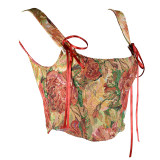 Double Vest Chest Top Butterfly Shoulder Strap Knot Ink Chrysanthemum Fishbone Corset SML1102