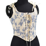 Lace-up Corset Vintage Large Orchid Print Bustier Crop Folded Waistcoat Blouse Corset SML21008