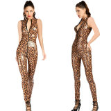Sexy PU Leopard Print Bodysuit Fully Covered Glossy Patent  Leather Jumpsuit Nightclub Tights XX6800