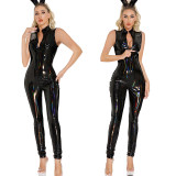 Women Bright Patent Leather Sexy Lingerie Zipper Crotch Nightclub One Piece Jumpsuit XX6945