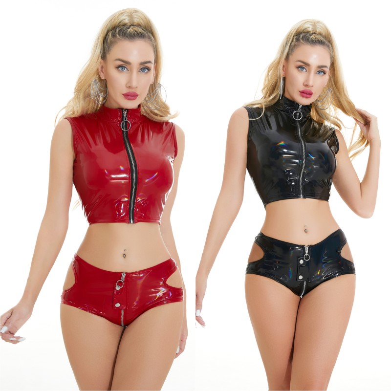 Bright Leather Short Pants PU Bright Shiny Colorful Patent Leather Top Nightclubs Sleeveless Tights XX6930