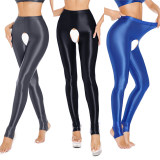 Sexy Pants Silky Oil Shiny Gloss Large Size Open Free Pantyhose Women Leather Pants XX70830