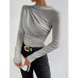 Solid Color Long Sleeve T-shirt Slim Bottoming Femme Joker Pleated Design T-shirt Top ZY1007