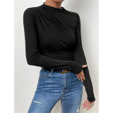 Solid Color Long Sleeve T-shirt Slim Bottoming Femme Joker Pleated Design T-shirt Top ZY1007