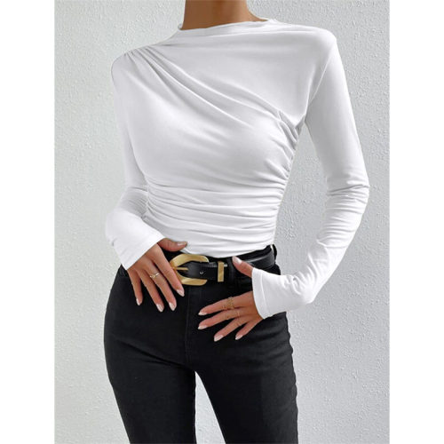 Solid Color Long Sleeve T-shirt Slim Bottoming Femme Joker Pleated Design T-shirt Top ZY1007