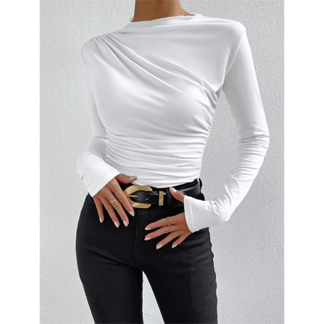 Solid Color Long Sleeve T-shirt Slim Bottoming Femme Joker Pleated Design T-shirt Top ZY1007