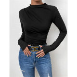 Solid Color Long Sleeve T-shirt Slim Bottoming Femme Joker Pleated Design T-shirt Top ZY1007