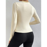 Solid Color Long Sleeve T-shirt Slim Bottoming Femme Joker Pleated Design T-shirt Top ZY1007