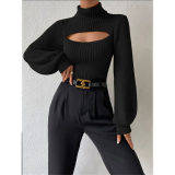 Slim Versatile Sweater Women High-necked Openwork Knitted Sexy Long-Sleeved Sweaters ZY1019