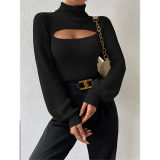 Slim Versatile Sweater Women High-necked Openwork Knitted Sexy Long-Sleeved Sweaters ZY1019