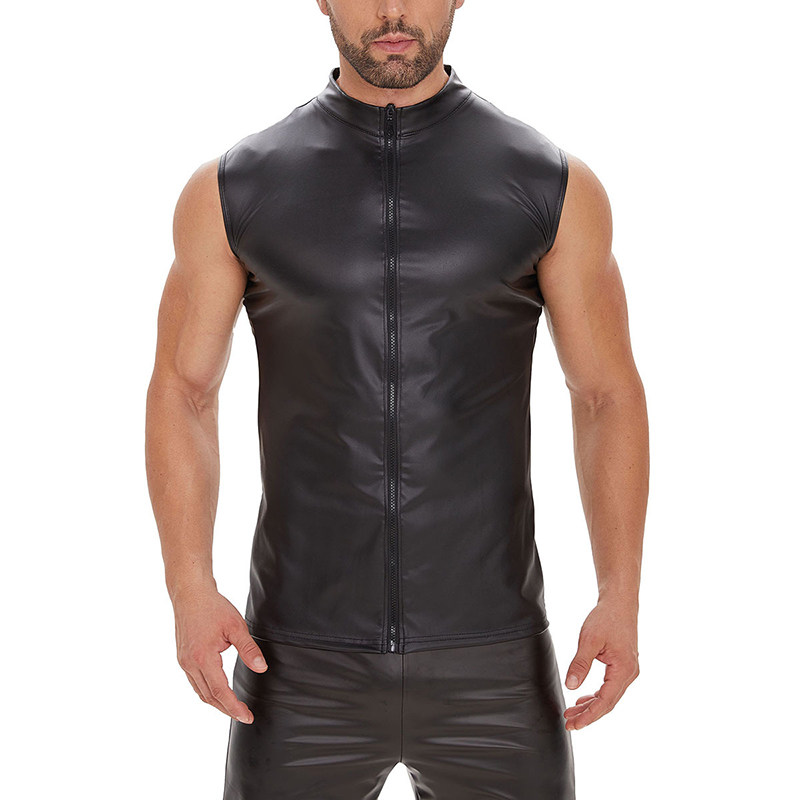 Black Men's Sexy Matte Leather Vest Shiny Leather Coats For Men Sleeveless Close-Fitting Vest SX247