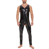 Plus Size Zipper Men's PVC Bright Leather Sexy Open Slim Bodysuit Sleeveless Vest Jumpsuit SX255