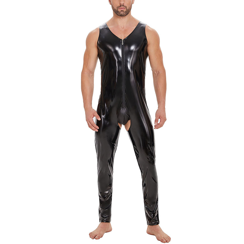 Plus Size Zipper Men's PVC Bright Leather Sexy Open Slim Bodysuit Sleeveless Vest Jumpsuit SX255