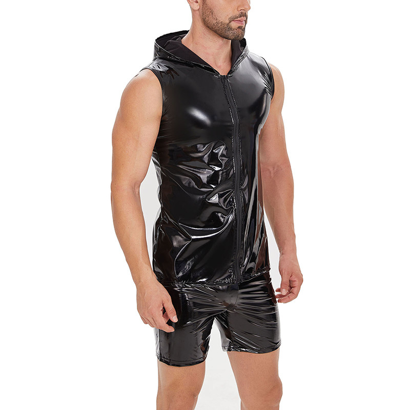 Bright Leather Hooded Coat Zipper Leather Vest Sleeveless Vest Men's Mirror Leather Vest SX259