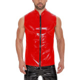Mirror PU Bright Slim Casual Waterproof Standing Collar Sleeveless Leather Vest Jacket Men SX240