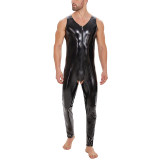 Plus Size Zipper Men's PVC Bright Leather Sexy Open Slim Bodysuit Sleeveless Vest Jumpsuit SX255
