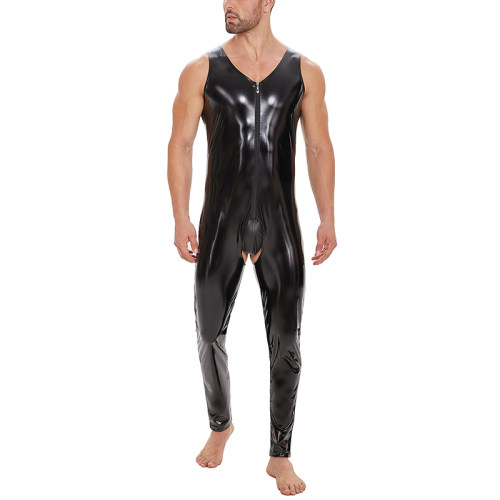 Plus Size Zipper Men's PVC Bright Leather Sexy Open Slim Bodysuit Sleeveless Vest Jumpsuit SX255