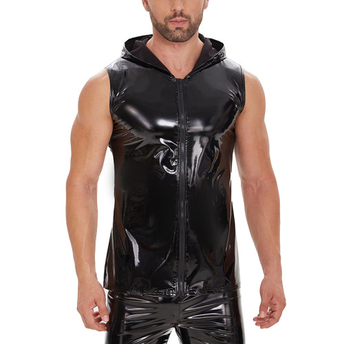 Bright Leather Hooded Coat Zipper Leather Vest Sleeveless Vest Men's Mirror Leather Vest SX259