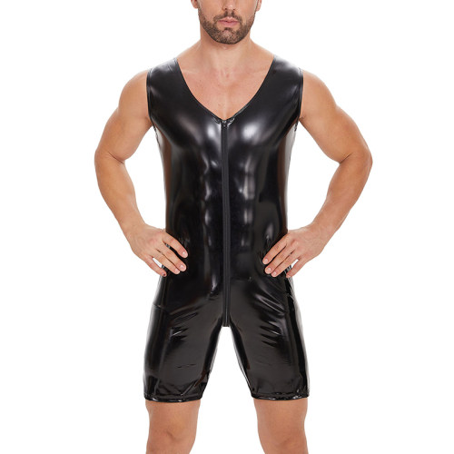Sexy Zipper Open File Bodysuit Men's Mirror Bright Leather Short Pants Sleeveless Jumpsuit SX258
