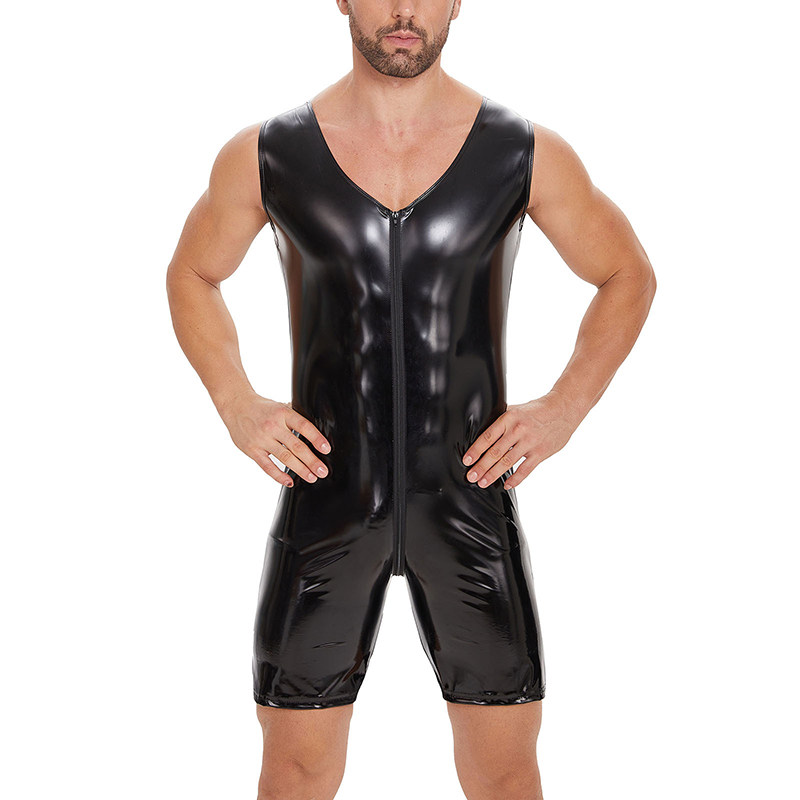Sexy Zipper Open File Bodysuit Men's Mirror Bright Leather Short Pants Sleeveless Jumpsuit SX258