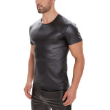 Bright Leather Men Short Sleeve T-shirt Sexy Matte Leather Vest For Men Round Neck Black Vest SX248