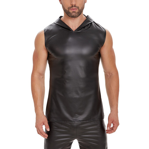 Patent Leather Top Hooded Sleeveless T-shirt Men's Matte Leather Vest Advanced Soft Vest SX261