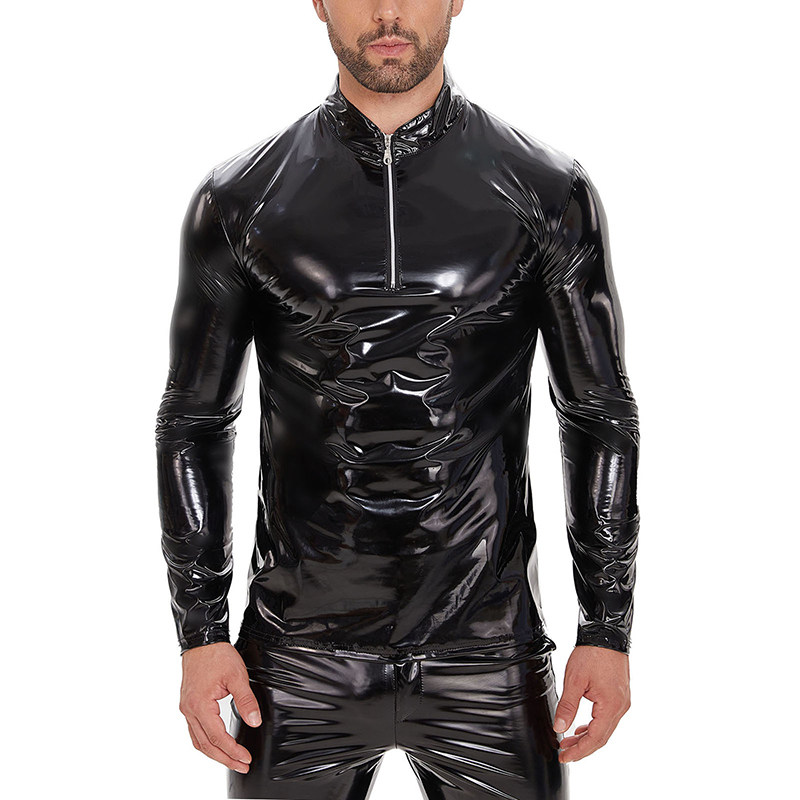 Slim Zipper Mirror Bright Long Sleeve Leather Top Stand-up T-shirt Sexy Men Leather Jacket SX270