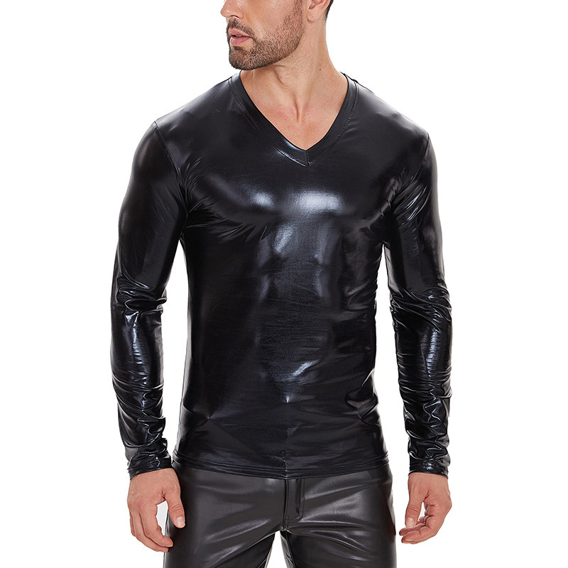 V-neck PU Leather Top Men's Soft Patent Leather T-shirt Long Sleeve Sexy Bright Leather Coat SX260
