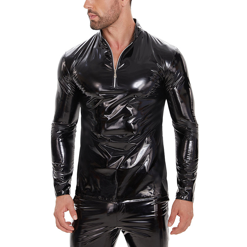 Slim Zipper Mirror Bright Long Sleeve Leather Top Stand-up T-shirt Sexy Men Leather Jacket SX270