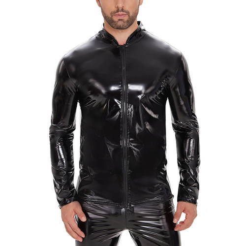 Highlight Men's PVC Patent Leather Sexy Long Sleeve Zipper Jacket Top Leather Coat SX265