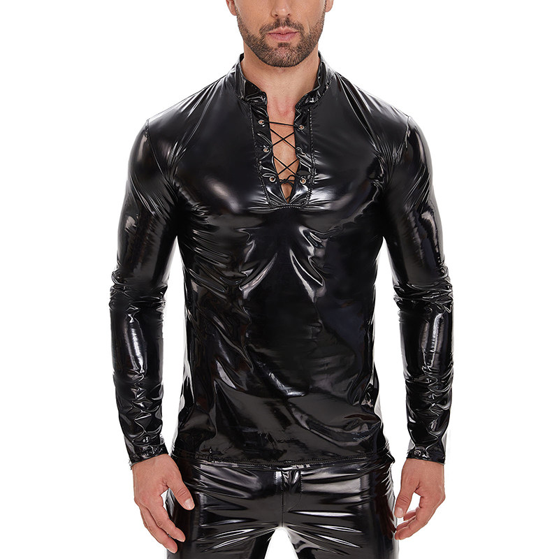 Mirror PU Men's Vest Bright Leather Long Sleeve Leather Jacket Slim Strap Stand-up T-shirt SX269