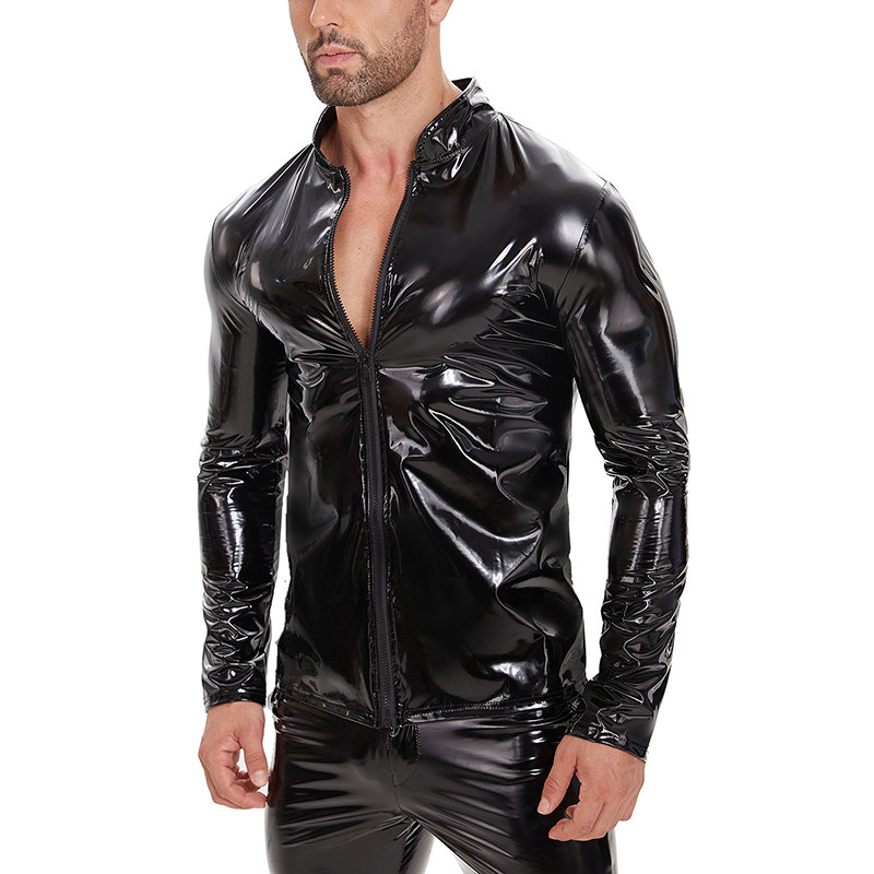 Highlight Men's PVC Patent Leather Sexy Long Sleeve Zipper Jacket Top Leather Coat SX265