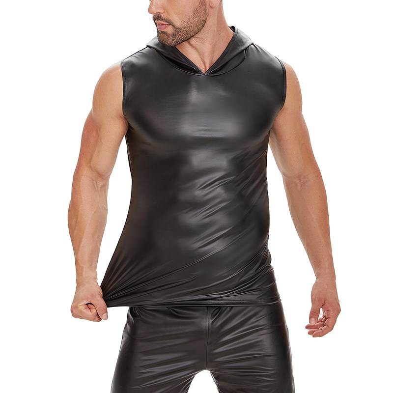 Patent Leather Top Hooded Sleeveless T-shirt Men's Matte Leather Vest Advanced Soft Vest SX261