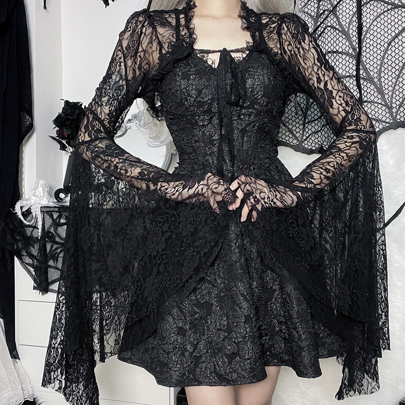 Temperament Dark Vest Top Costume Slimming Wraps Cos Flared Sleeve Lace Short Straps Cardigan XY22128