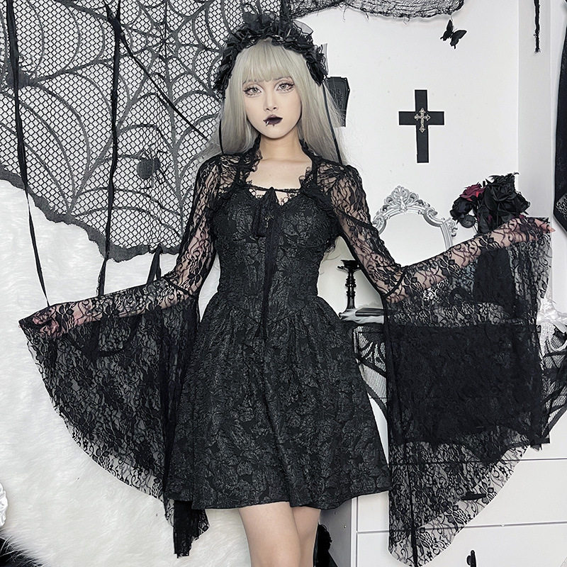 Temperament Dark Vest Top Costume Slimming Wraps Cos Flared Sleeve Lace Short Straps Cardigan XY22128