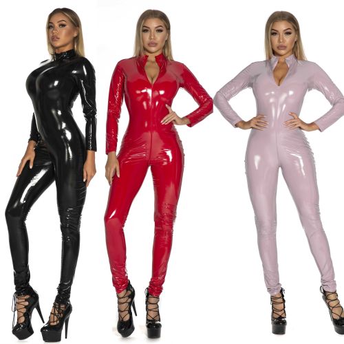 Women Sexy Wetlook Leather Catsuit Zipper Open Crotch Bodysuit XX6783