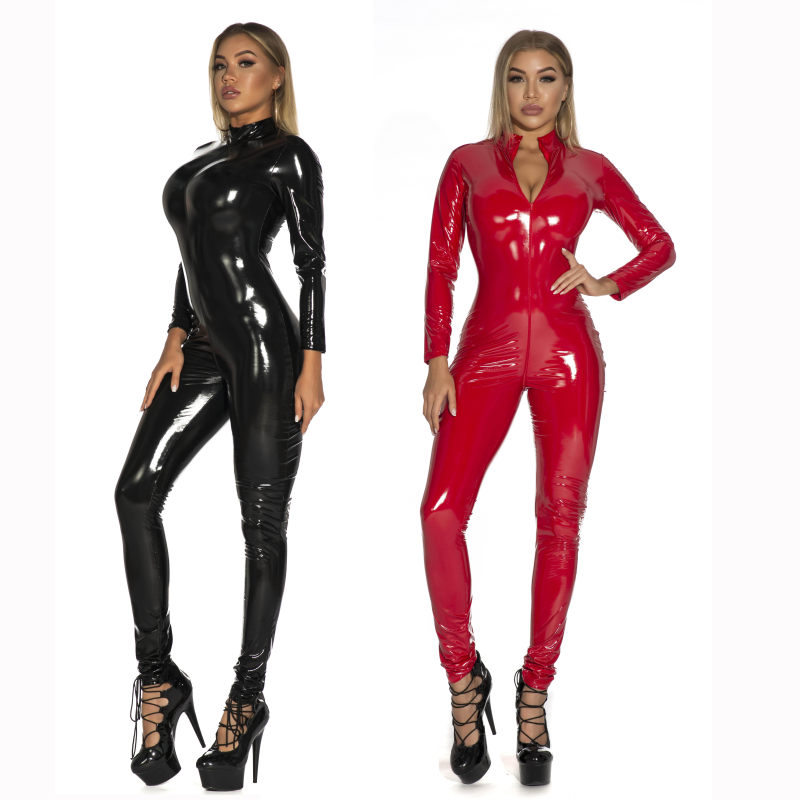 Women Sexy Wetlook Leather Catsuit Zipper Open Crotch Bodysuit XX6783