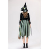 Halloween Adult Green Gauze Witch  Camellia Spider Web Witch Festival Dress Cosplay Costume YM087
