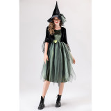 Halloween Adult Green Gauze Witch  Camellia Spider Web Witch Festival Dress Cosplay Costume YM087