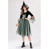 Halloween Adult Green Gauze Witch  Camellia Spider Web Witch Festival Dress Cosplay Costume YM087