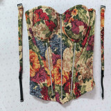 Street Vintage Flower Monet Oil Painting Fishbone Cropped Vest Tight Bodycon Shaping Dress Corset LM043