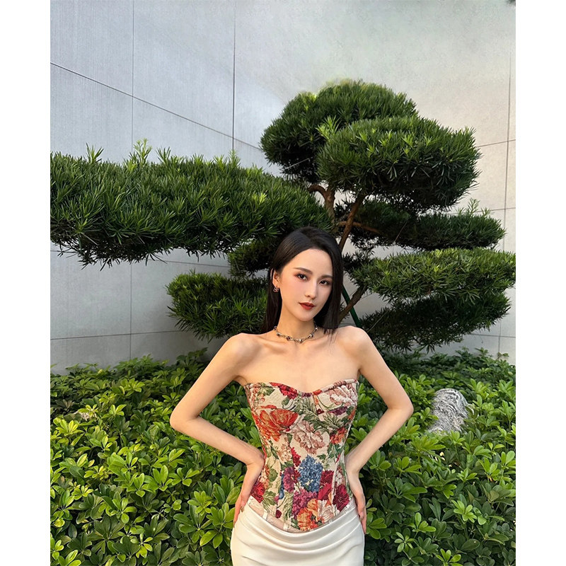 Street Vintage Flower Monet Oil Painting Fishbone Cropped Vest Tight Bodycon Shaping Dress Corset LM043