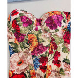 Street Vintage Flower Monet Oil Painting Fishbone Cropped Vest Tight Bodycon Shaping Dress Corset LM043