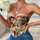French Style Small Batch Fishbone Vntage Floral Printed Bustier Lace Trimmed And Tied Up Corset 70112