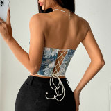 French Style Small Batch Fishbone Vntage Floral Printed Bustier Lace Trimmed And Tied Up Corset 70112