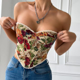 French Style Small Batch Fishbone Vntage Floral Printed Bustier Lace Trimmed And Tied Up Corset 70112