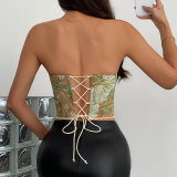 French Style Small Batch Fishbone Vntage Floral Printed Bustier Lace Trimmed And Tied Up Corset 70112