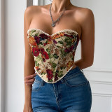French Style Small Batch Fishbone Vntage Floral Printed Bustier Lace Trimmed And Tied Up Corset 70112