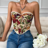 French Style Small Batch Fishbone Vntage Floral Printed Bustier Lace Trimmed And Tied Up Corset 70112